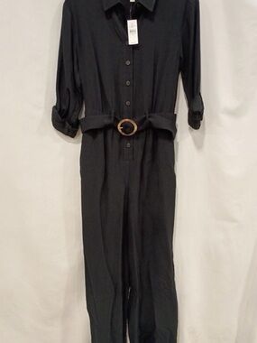 NWT Ann Taylor LOFT Black Button-Front Belted Jumpsuit